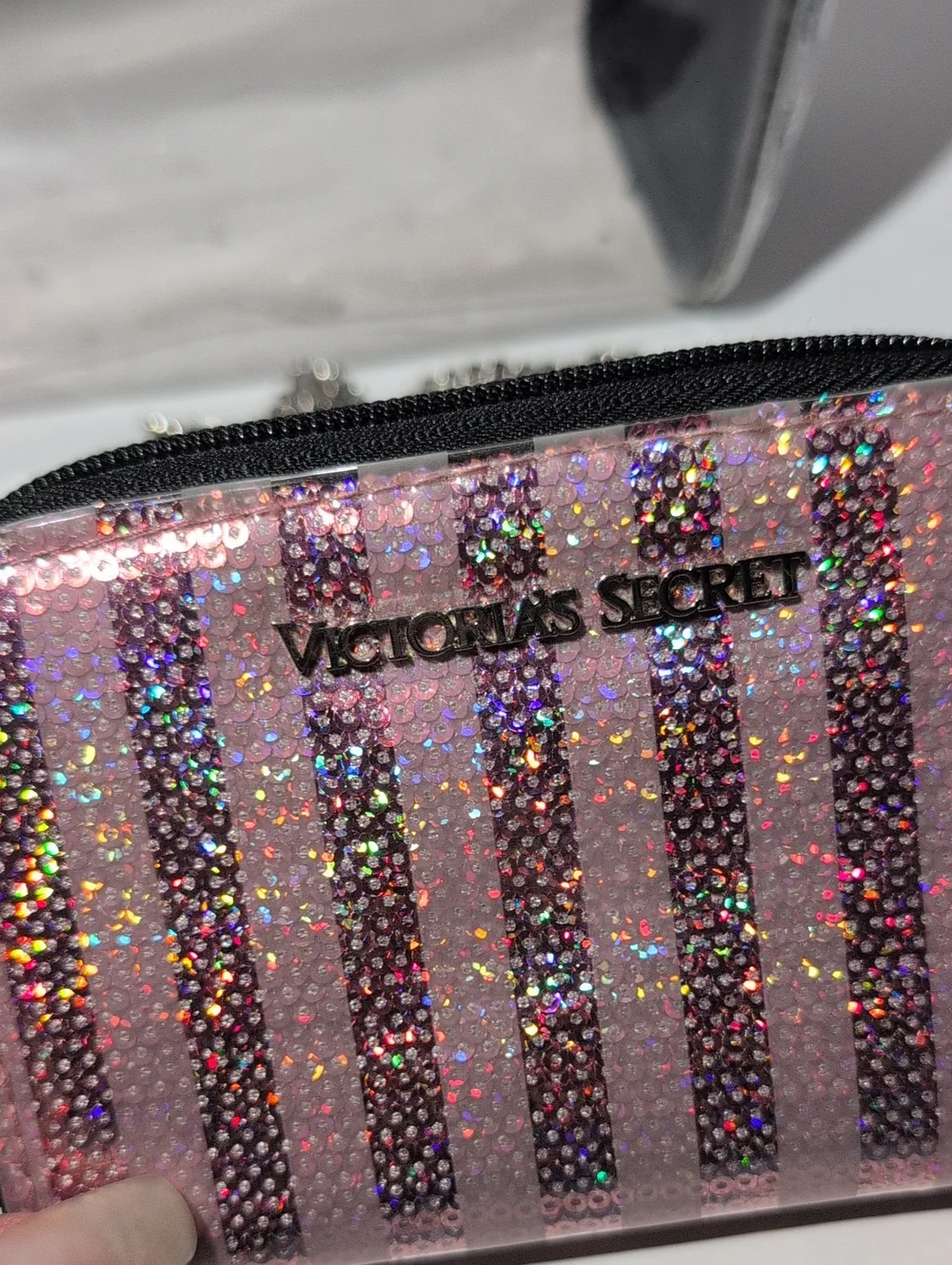 Victoria's Secret Pink Holographic Glitter Wallet with Clear Cosmetic Pouch